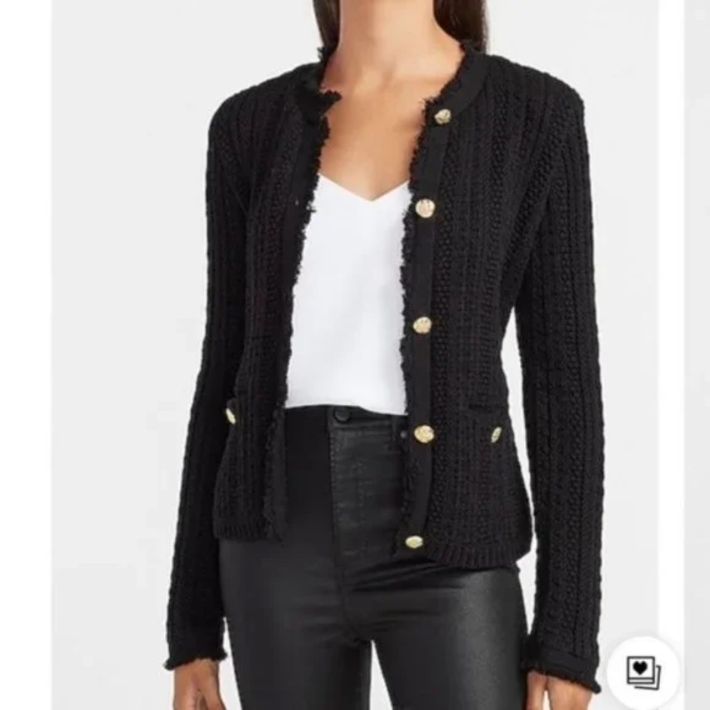Express Black Button-Up Fringe Sweater Blazer With Gold Button Detail NWT